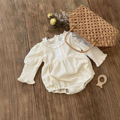 長袖ロンパース 長袖フリル襟ロンパース | レース花柄ジャガード | バルーンスリーブベビー服【mh0011491】