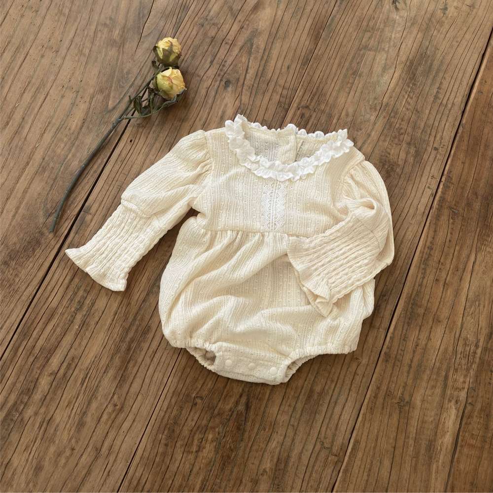 長袖ロンパース 長袖フリル襟ロンパース | レース花柄ジャガード | バルーンスリーブベビー服【mh0011491】