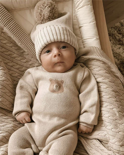 長袖ロンパース 長袖ニットジャンプスーツ | ベアくま刺繍 | ボンボンニット帽 セット【mh0011494】