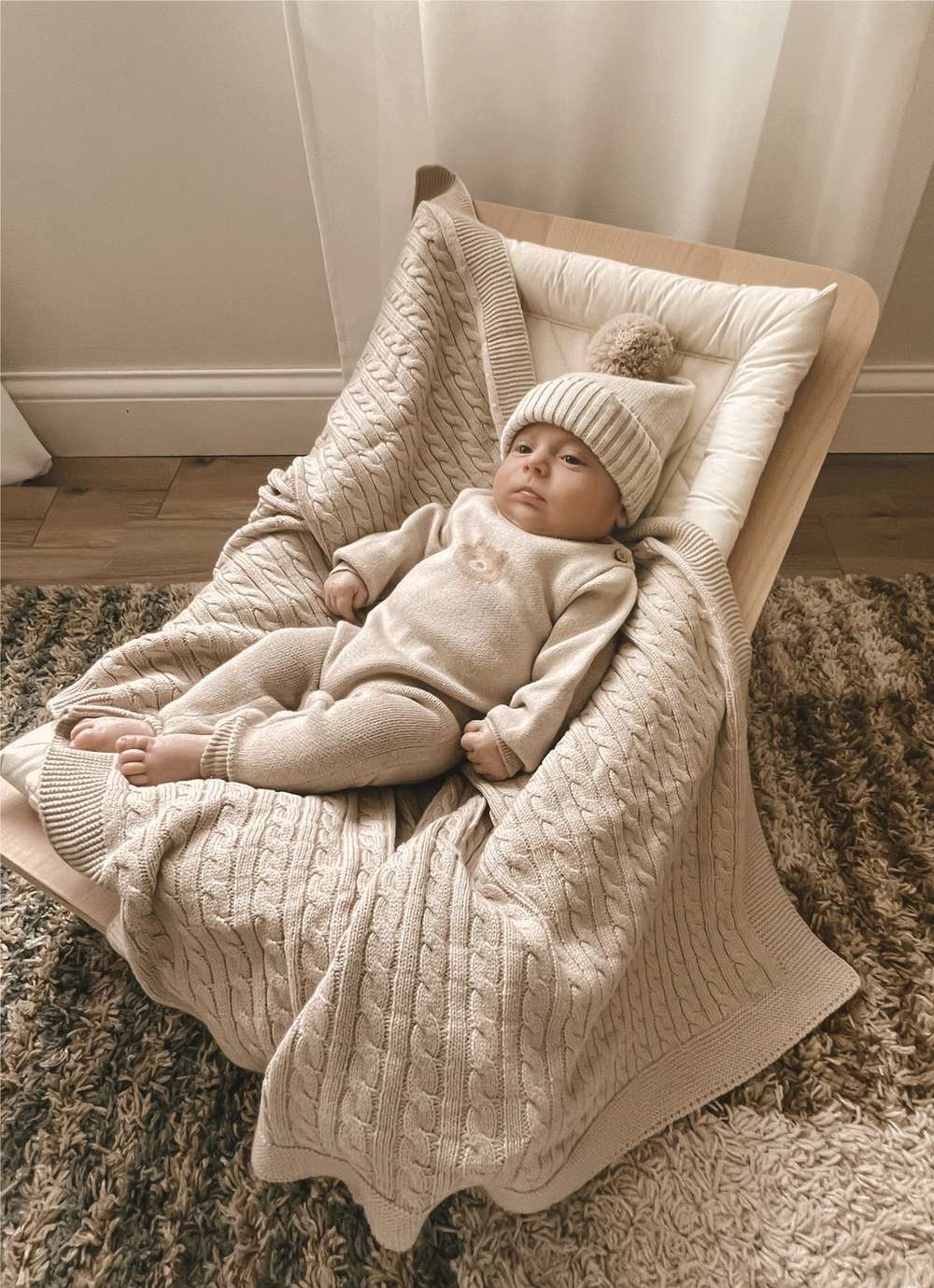 長袖ロンパース 長袖ニットジャンプスーツ | ベアくま刺繍 | ボンボンニット帽 セット【mh0011494】