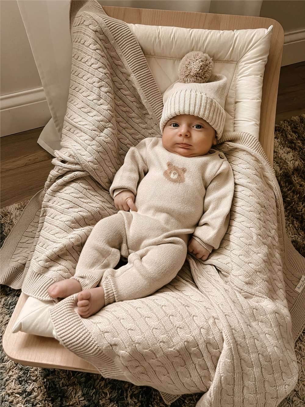 長袖ロンパース 長袖ニットジャンプスーツ | ベアくま刺繍 | ボンボンニット帽 セット【mh0011494】