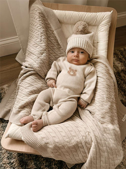 長袖ロンパース 長袖ニットジャンプスーツ | ベアくま刺繍 | ボンボンニット帽 セット【mh0011494】