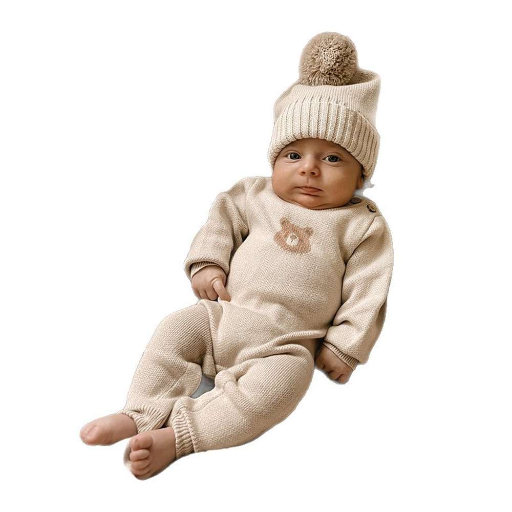 長袖ロンパース 長袖ニットジャンプスーツ | ベアくま刺繍 | ボンボンニット帽 セット【mh0011494】