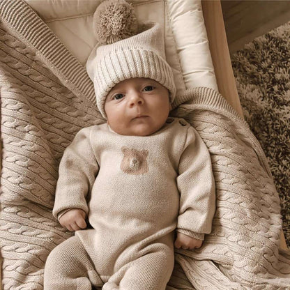 長袖ロンパース 長袖ニットジャンプスーツ | ベアくま刺繍 | ボンボンニット帽 セット【mh0011494】
