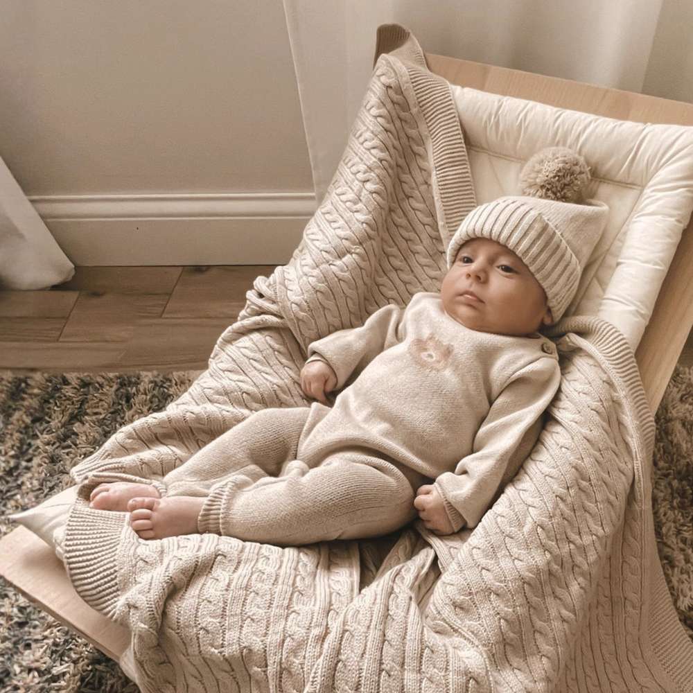 長袖ロンパース 長袖ニットジャンプスーツ | ベアくま刺繍 | ボンボンニット帽 セット【mh0011494】