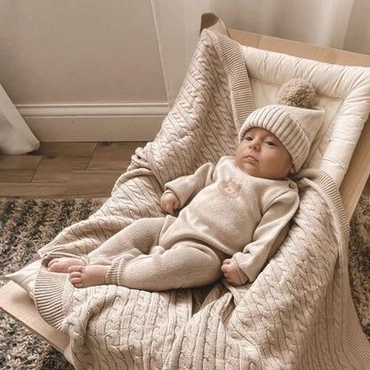 長袖ロンパース 長袖ニットジャンプスーツ | ベアくま刺繍 | ボンボンニット帽 セット【mh0011494】