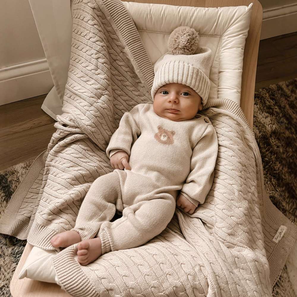 長袖ロンパース 長袖ニットジャンプスーツ | ベアくま刺繍 | ボンボンニット帽 セット【mh0011494】