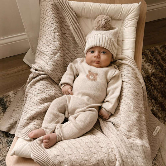 長袖ロンパース 長袖ニットジャンプスーツ | ベアくま刺繍 | ボンボンニット帽 セット【mh0011494】