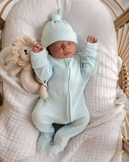 長袖ロンパース 長袖足つきロンパース | ワッフルリブ | 斜めジップくま耳帽セット【mh0011499】