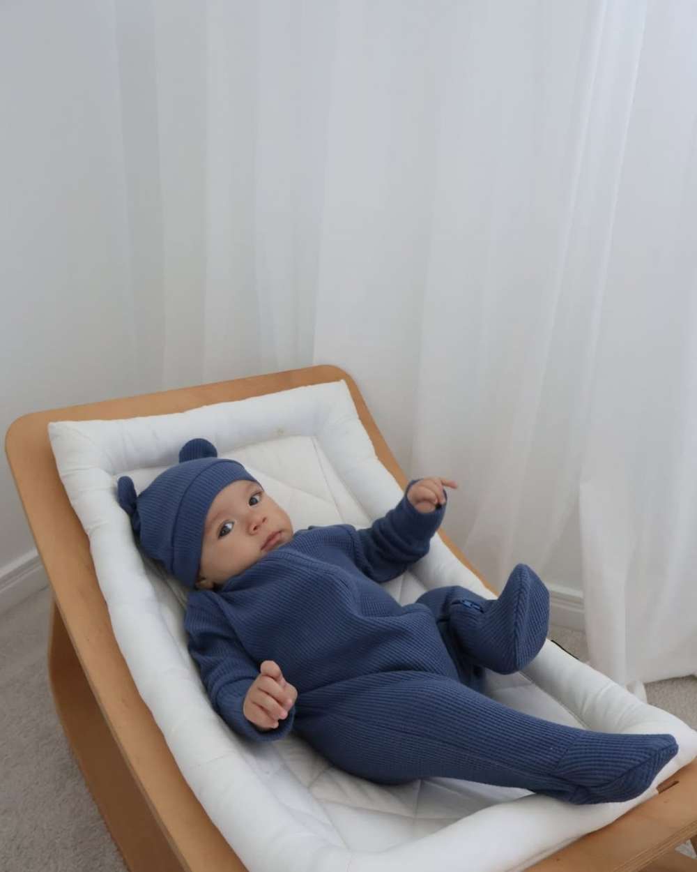 長袖ロンパース 長袖足つきロンパース | ワッフルリブ | 斜めジップくま耳帽セット【mh0011499】