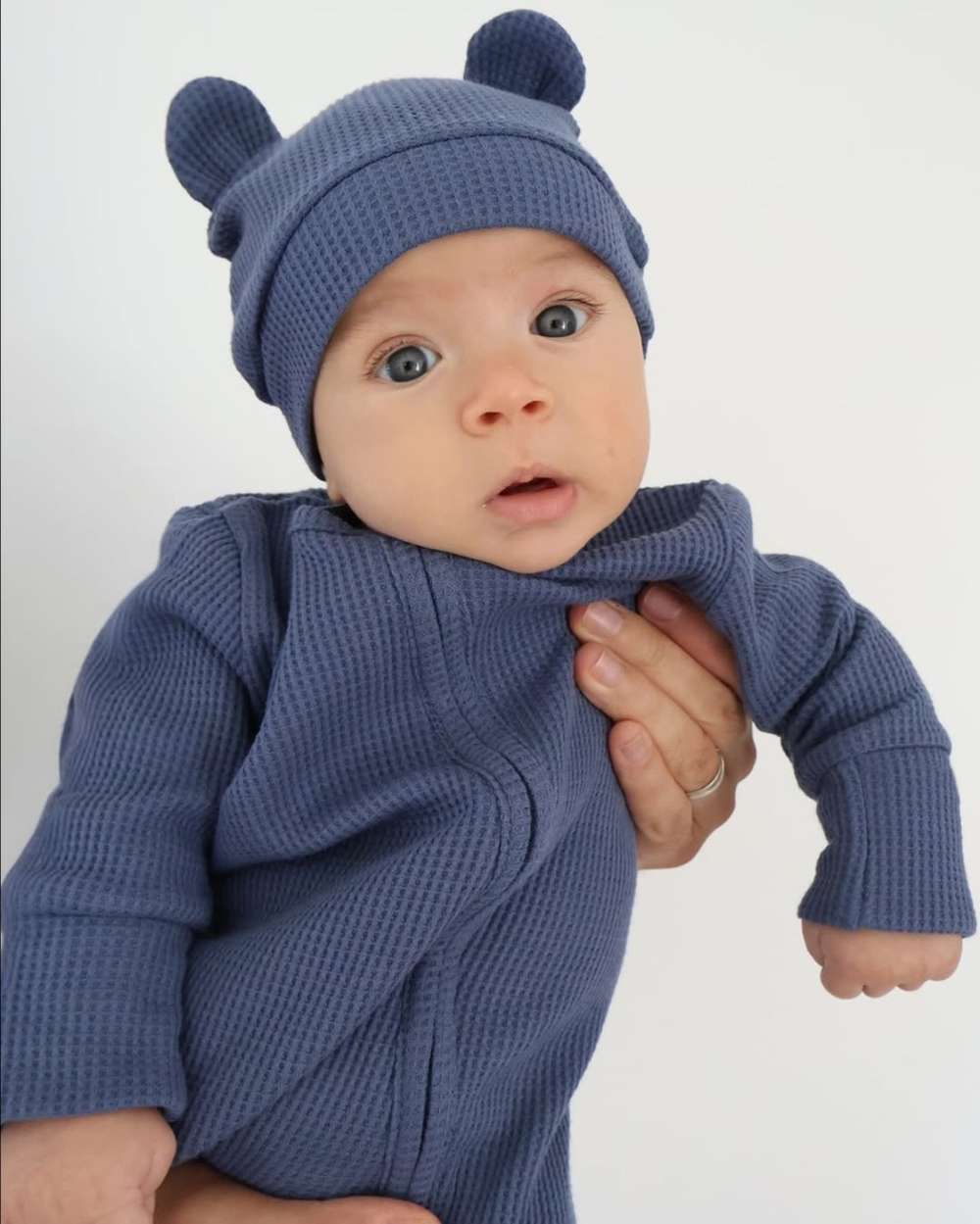 長袖ロンパース 長袖足つきロンパース | ワッフルリブ | 斜めジップくま耳帽セット【mh0011499】