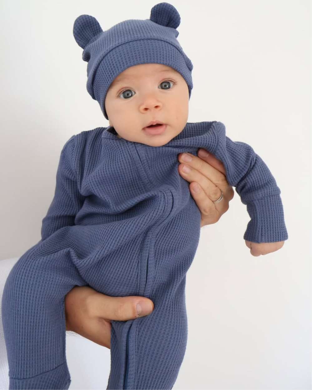 長袖ロンパース 長袖足つきロンパース | ワッフルリブ | 斜めジップくま耳帽セット【mh0011499】