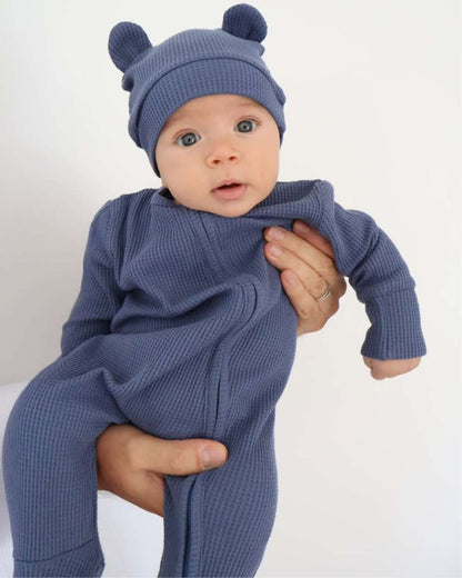 長袖ロンパース 長袖足つきロンパース | ワッフルリブ | 斜めジップくま耳帽セット【mh0011499】