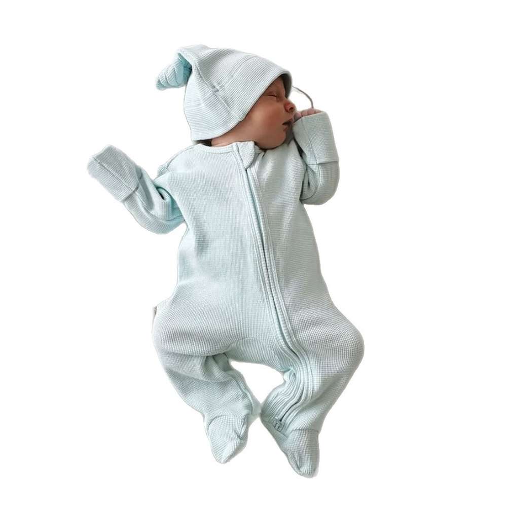 長袖ロンパース 長袖足つきロンパース | ワッフルリブ | 斜めジップくま耳帽セット【mh0011499】