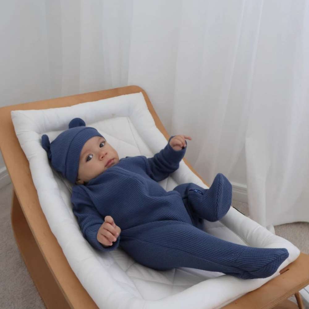 長袖ロンパース 長袖足つきロンパース | ワッフルリブ | 斜めジップくま耳帽セット【mh0011499】