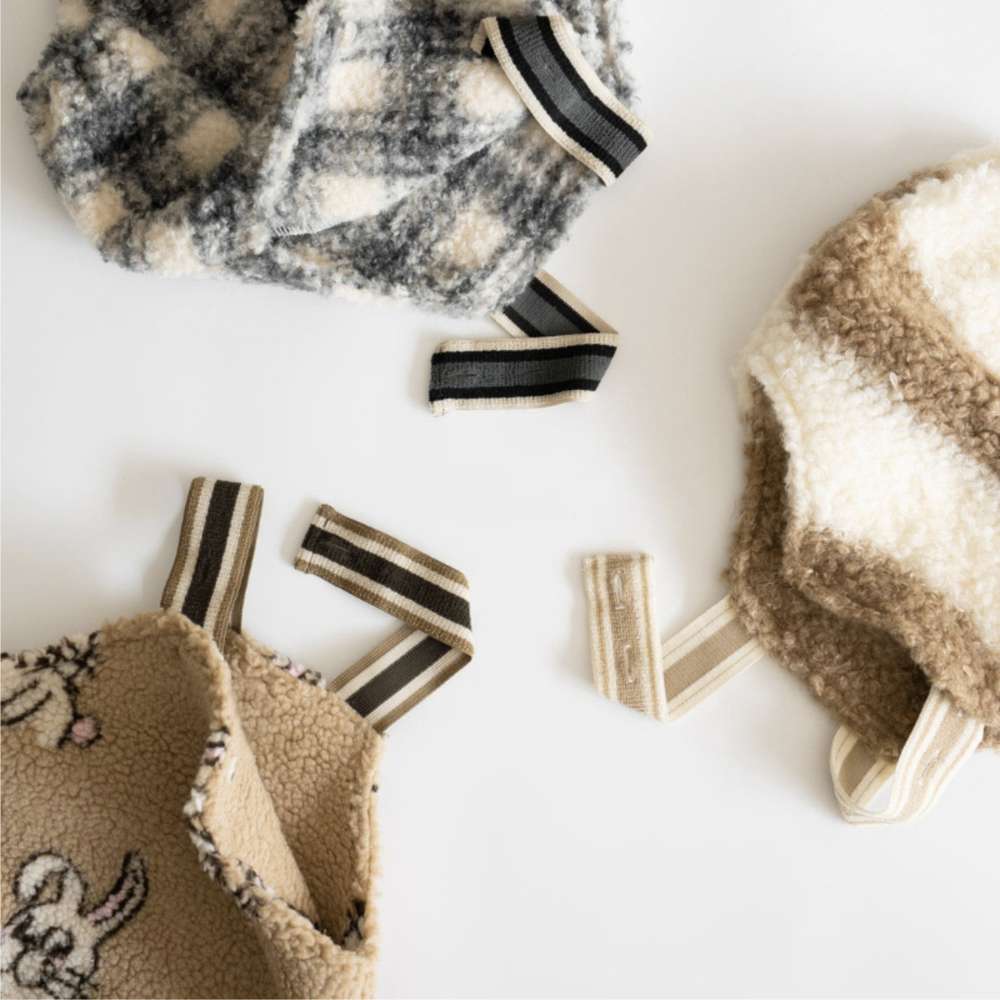 ノースリーブロンパース サスペンダーロンパース | うさぎチェックボーダーボア | もこもこベビーオーバーオール【mh0011500】