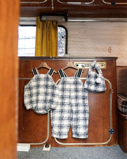ノースリーブロンパース サスペンダーロンパース | うさぎチェックボーダーボア | もこもこベビーオーバーオール【mh0011500】