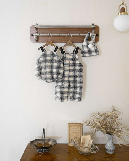 ノースリーブロンパース サスペンダーロンパース | うさぎチェックボーダーボア | もこもこベビーオーバーオール【mh0011500】