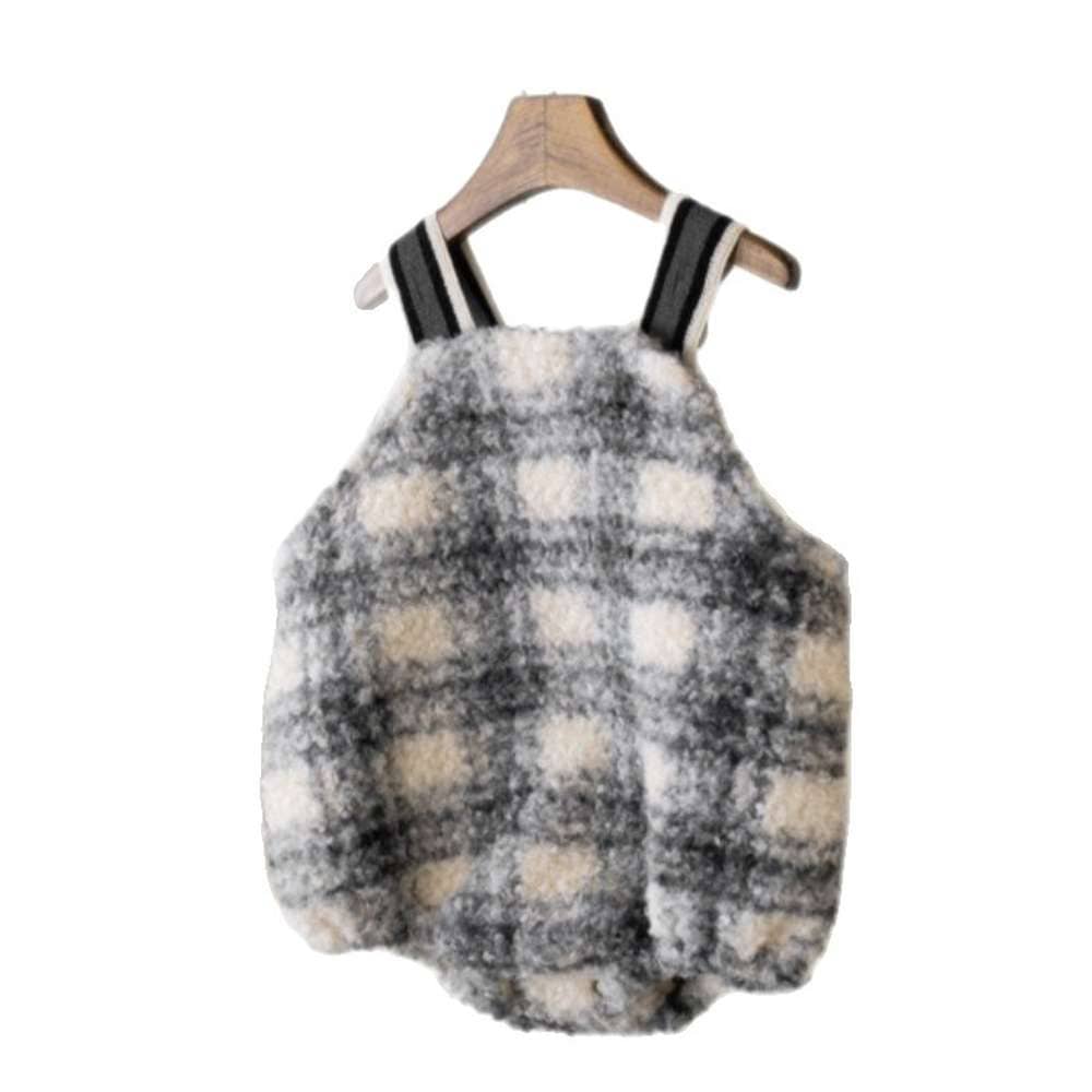 ノースリーブロンパース サスペンダーロンパース | うさぎチェックボーダーボア | もこもこベビーオーバーオール【mh0011500】