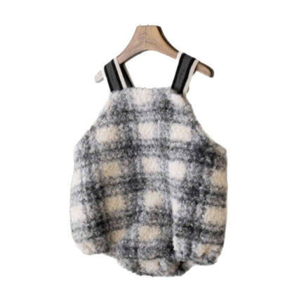 ノースリーブロンパース サスペンダーロンパース | うさぎチェックボーダーボア | もこもこベビーオーバーオール【mh0011500】