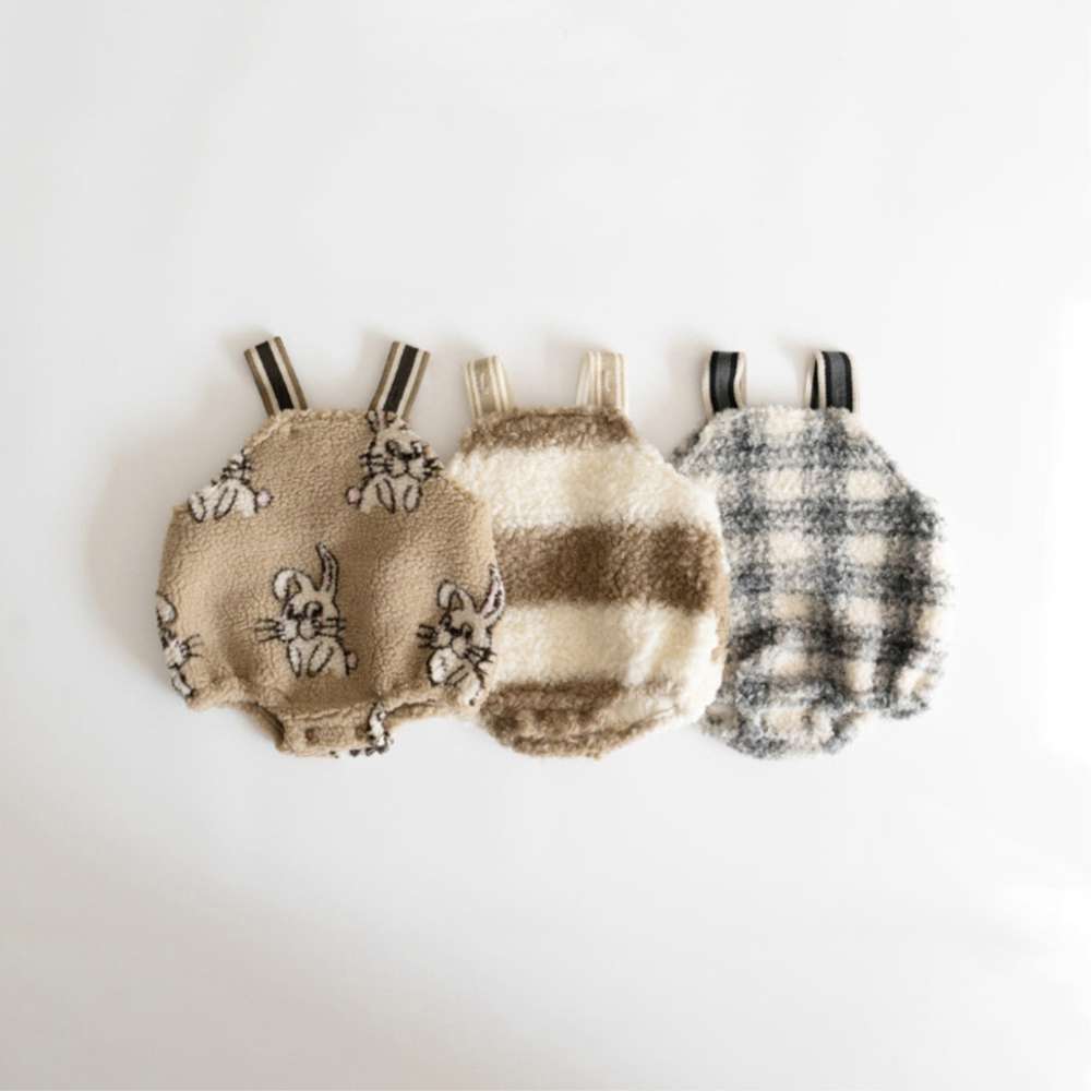 ノースリーブロンパース サスペンダーロンパース | うさぎチェックボーダーボア | もこもこベビーオーバーオール【mh0011500】