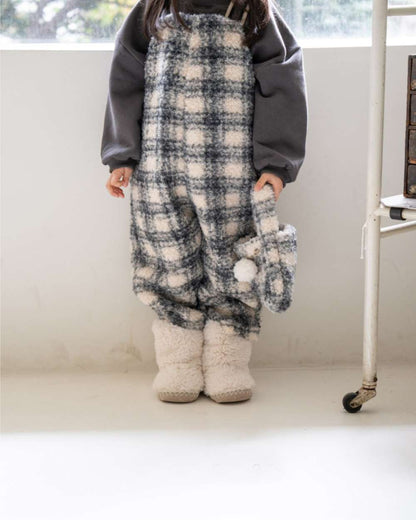 サロペットパンツ・サスペンダーパンツ サスペンダーサロペット | うさぎチェックボーダーボア | もこもこオーバーオール【mh0011502】