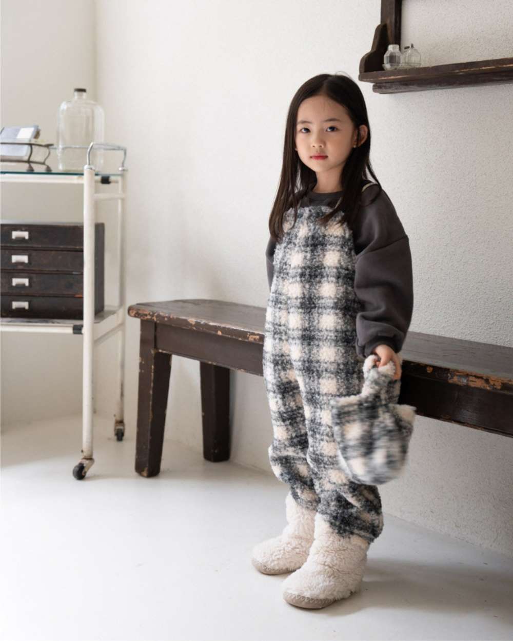 サロペットパンツ・サスペンダーパンツ サスペンダーサロペット | うさぎチェックボーダーボア | もこもこオーバーオール【mh0011502】