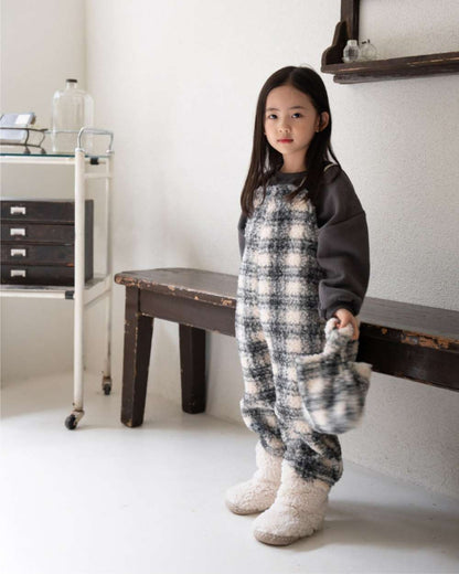 サロペットパンツ・サスペンダーパンツ サスペンダーサロペット | うさぎチェックボーダーボア | もこもこオーバーオール【mh0011502】