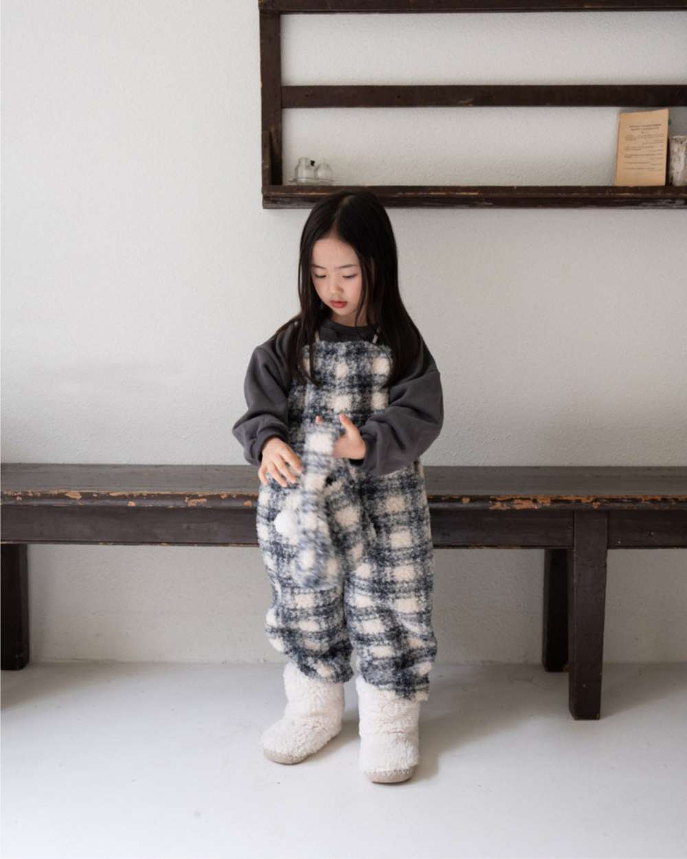 サロペットパンツ・サスペンダーパンツ サスペンダーサロペット | うさぎチェックボーダーボア | もこもこオーバーオール【mh0011502】