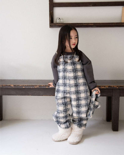 サロペットパンツ・サスペンダーパンツ サスペンダーサロペット | うさぎチェックボーダーボア | もこもこオーバーオール【mh0011502】