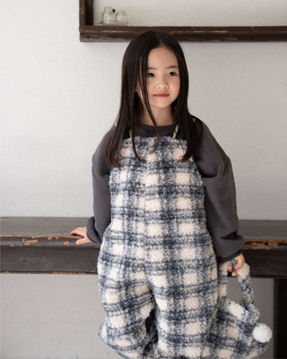サロペットパンツ・サスペンダーパンツ サスペンダーサロペット | うさぎチェックボーダーボア | もこもこオーバーオール【mh0011502】