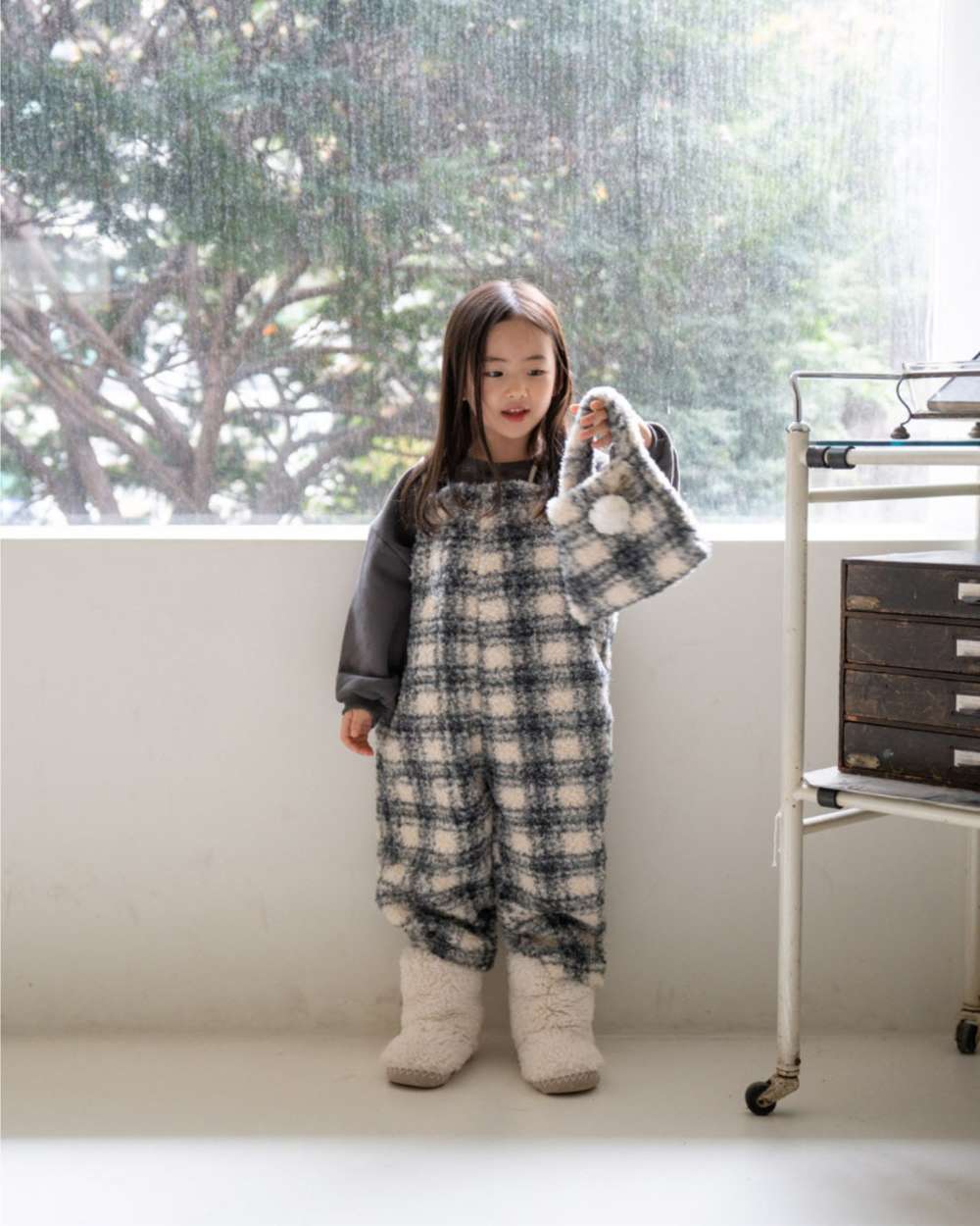 サロペットパンツ・サスペンダーパンツ サスペンダーサロペット | うさぎチェックボーダーボア | もこもこオーバーオール【mh0011502】