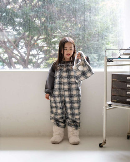 サロペットパンツ・サスペンダーパンツ サスペンダーサロペット | うさぎチェックボーダーボア | もこもこオーバーオール【mh0011502】