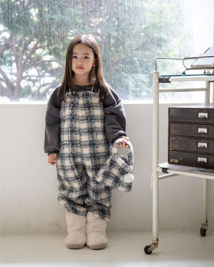 サロペットパンツ・サスペンダーパンツ サスペンダーサロペット | うさぎチェックボーダーボア | もこもこオーバーオール【mh0011502】
