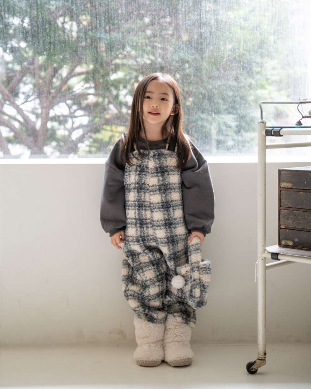 サロペットパンツ・サスペンダーパンツ サスペンダーサロペット | うさぎチェックボーダーボア | もこもこオーバーオール【mh0011502】