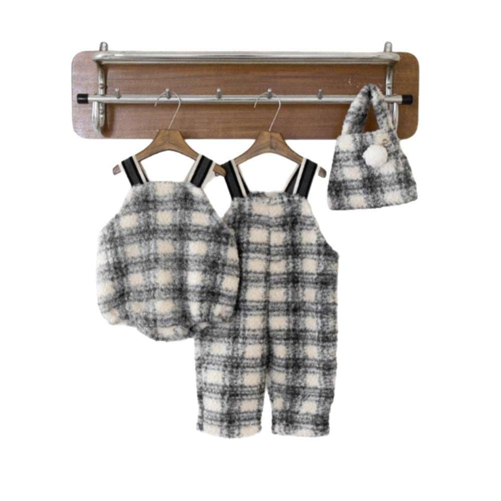 サロペットパンツ・サスペンダーパンツ サスペンダーサロペット | うさぎチェックボーダーボア | もこもこオーバーオール【mh0011502】