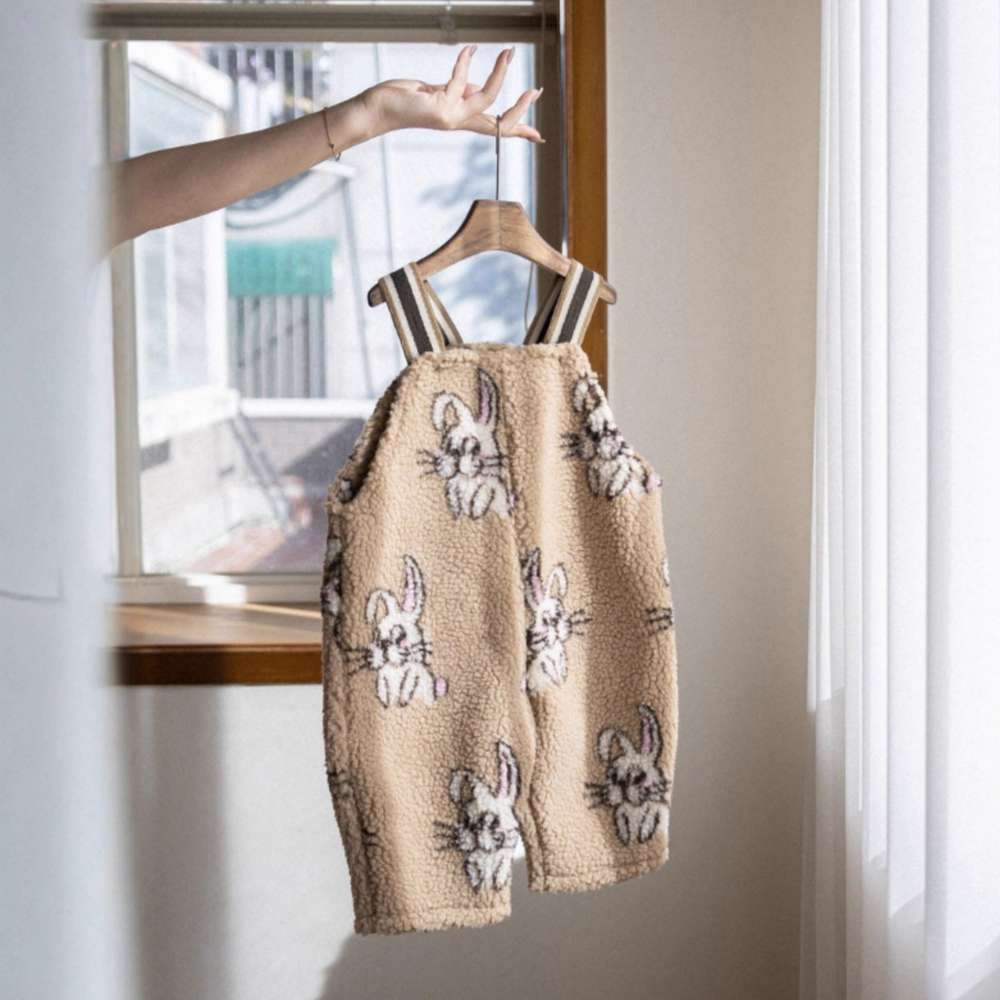 サロペットパンツ・サスペンダーパンツ サスペンダーサロペット | うさぎチェックボーダーボア | もこもこオーバーオール【mh0011502】