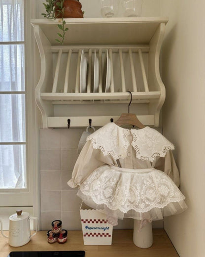 長袖ロンパース 長袖ロンパース レース襟 ボリューム袖 フロントボタン ボディスーツ【mh0011630】