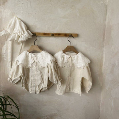 長袖ロンパース 長袖ロンパース レース襟 ボリューム袖 フロントボタン ボディスーツ【mh0011630】