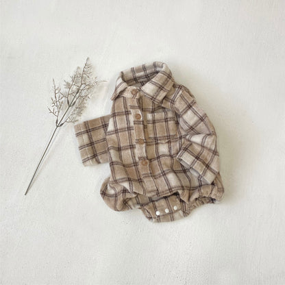 長袖ロンパース 長袖ロンパース チェック シャツ襟 ボディスーツ【mh0011633】