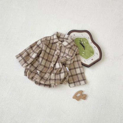 長袖ロンパース 長袖ロンパース チェック シャツ襟 ボディスーツ【mh0011633】