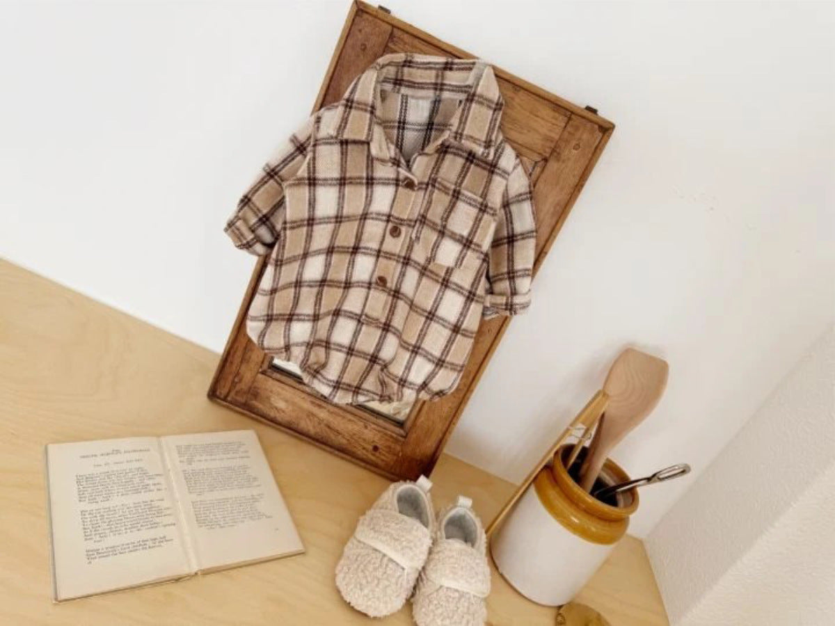 長袖ロンパース 長袖ロンパース チェック シャツ襟 ボディスーツ【mh0011633】