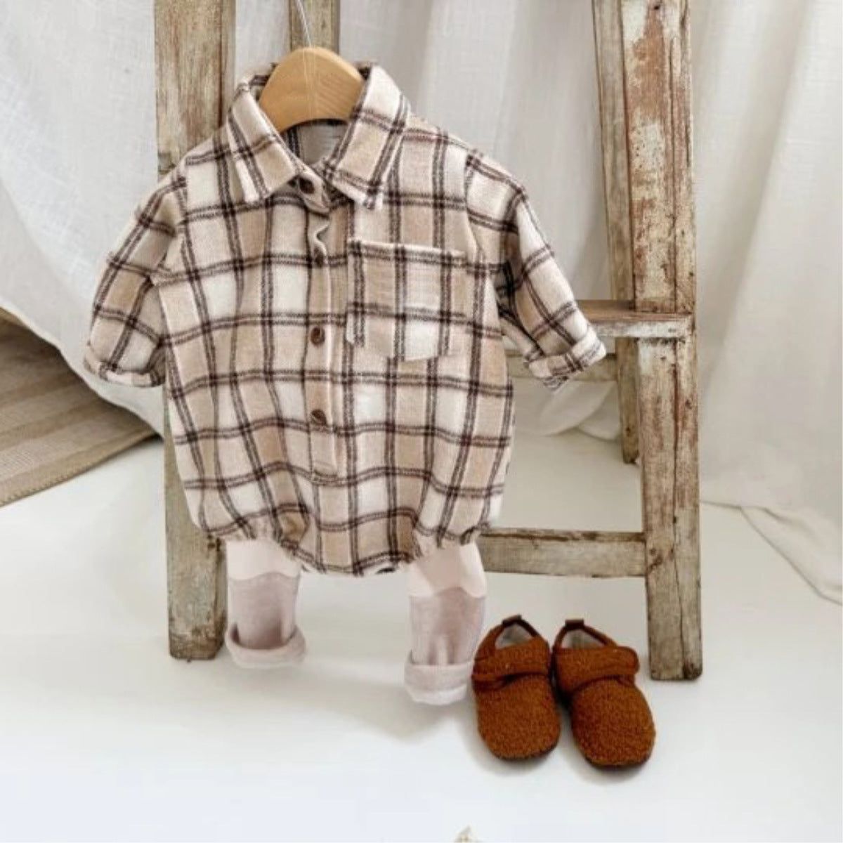 長袖ロンパース 長袖ロンパース チェック シャツ襟 ボディスーツ【mh0011633】