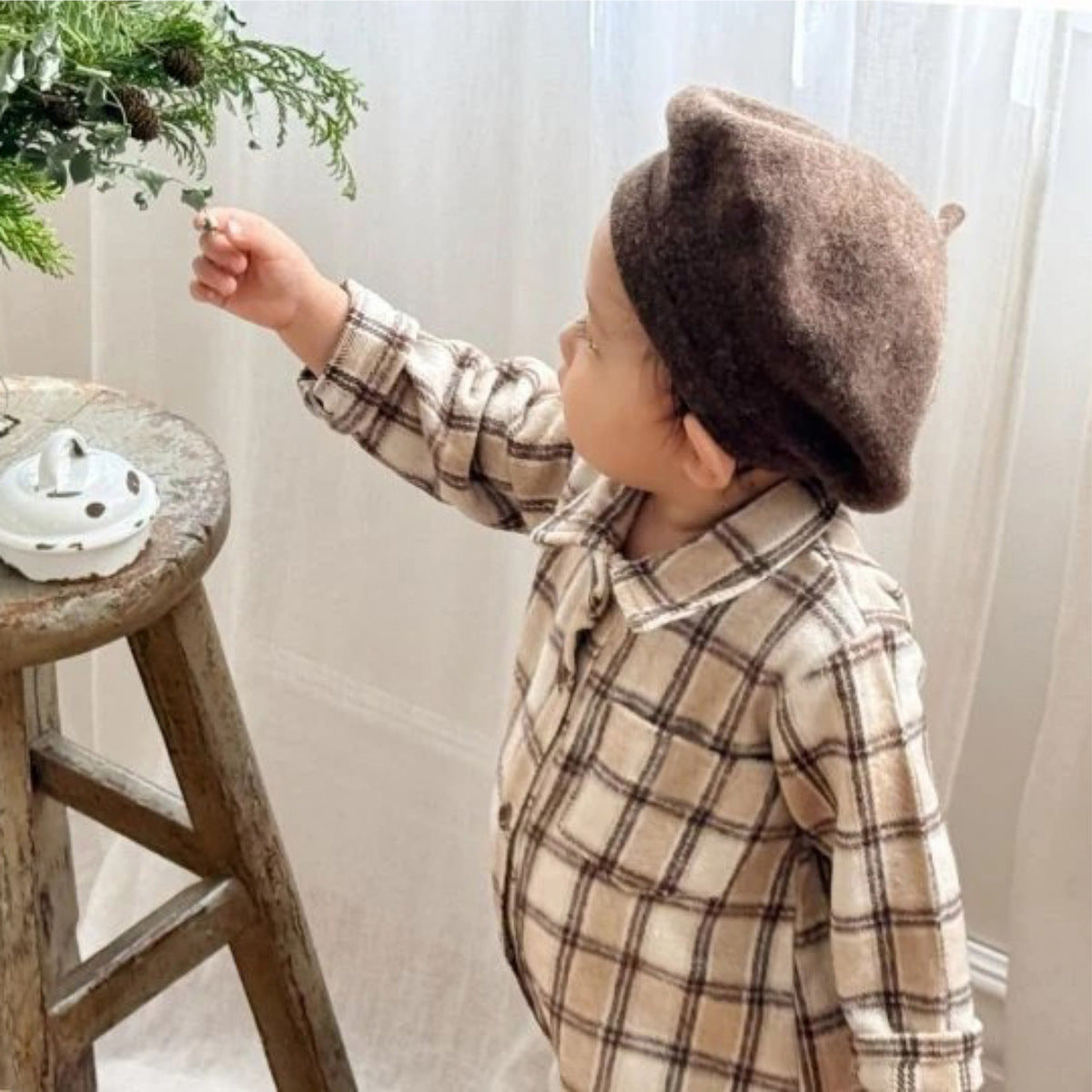 長袖ロンパース 長袖ロンパース チェック シャツ襟 ボディスーツ【mh0011633】