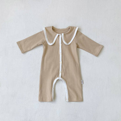 長袖ロンパース Milk Tea / 66cm 長袖ロンパース ビッグ襟 パイピング 前開きスナップボタン カバーオール【mh0011371】