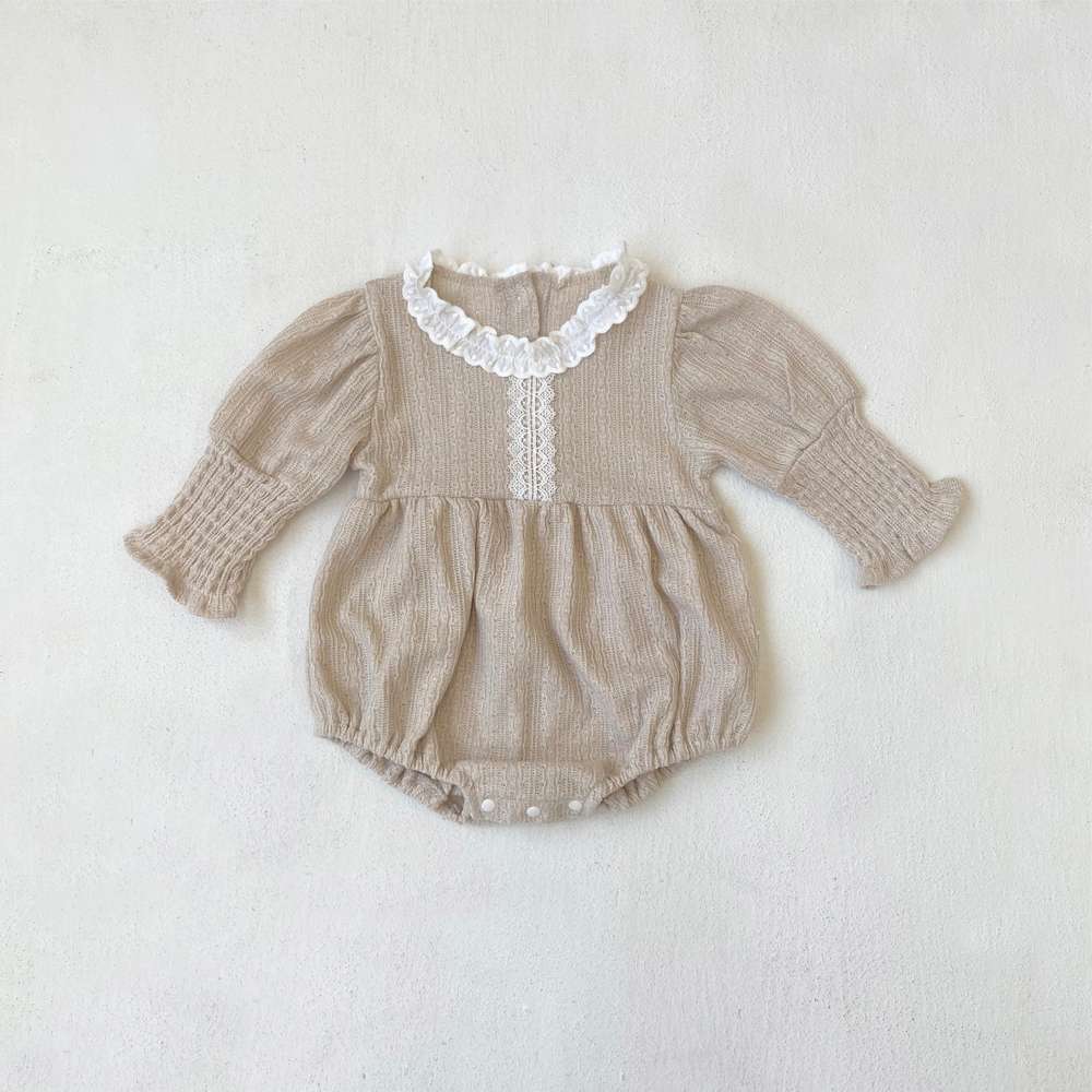 長袖ロンパース Milk Tea / 66cm 長袖フリル襟ロンパース | レース花柄ジャガード | バルーンスリーブベビー服【mh0011491】