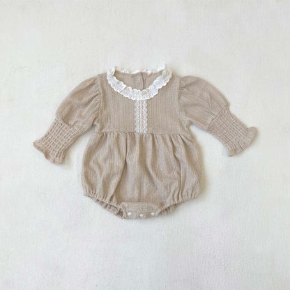 長袖ロンパース Milk Tea / 66cm 長袖フリル襟ロンパース | レース花柄ジャガード | バルーンスリーブベビー服【mh0011491】