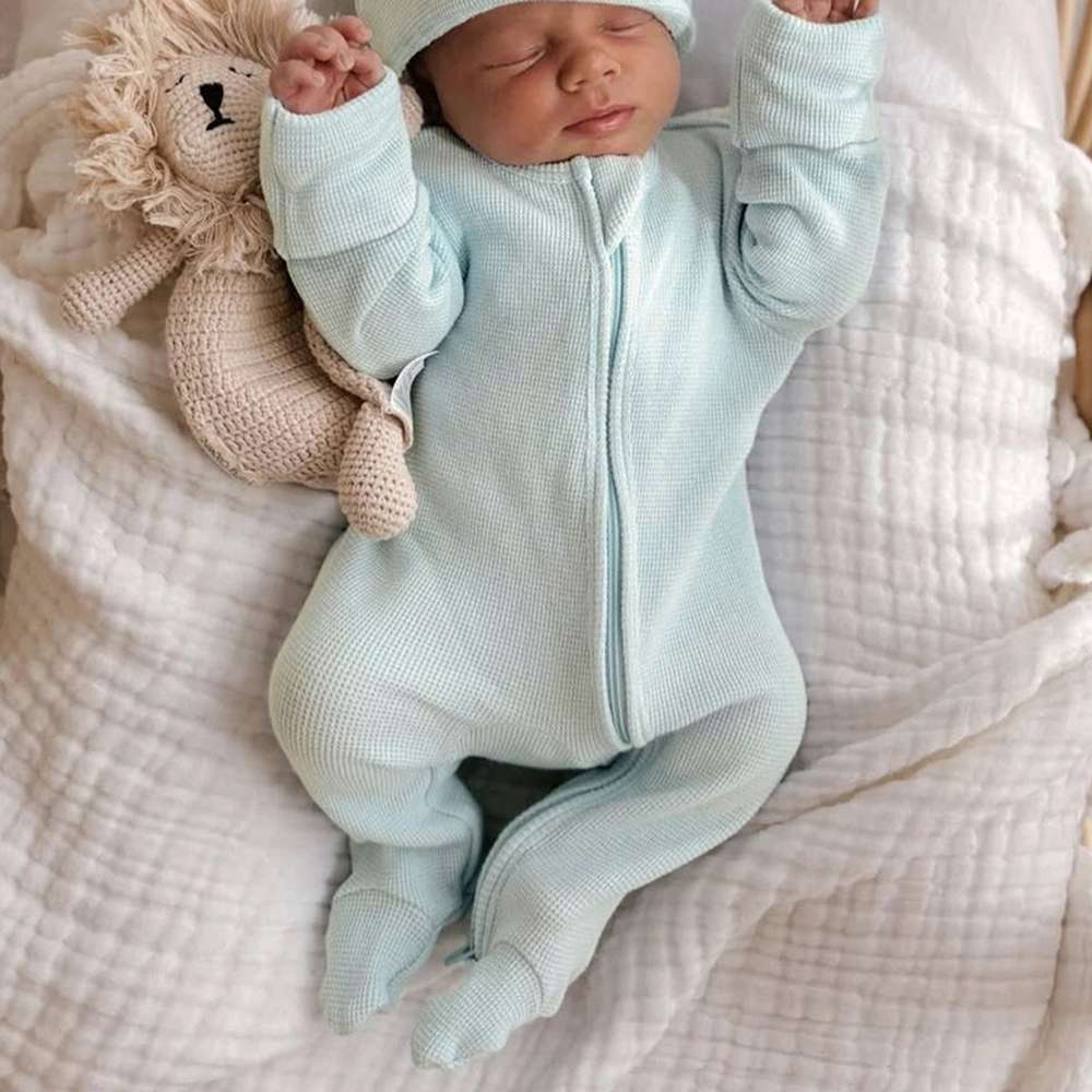 長袖ロンパース Milky Green Jumpsuit / 66cm 長袖足つきロンパース | ワッフルリブ | 斜めジップくま耳帽セット【mh0011499】