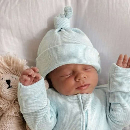 長袖ロンパース Milky Green pointed Hat / One Size 長袖足つきロンパース | ワッフルリブ | 斜めジップくま耳帽セット【mh0011499】