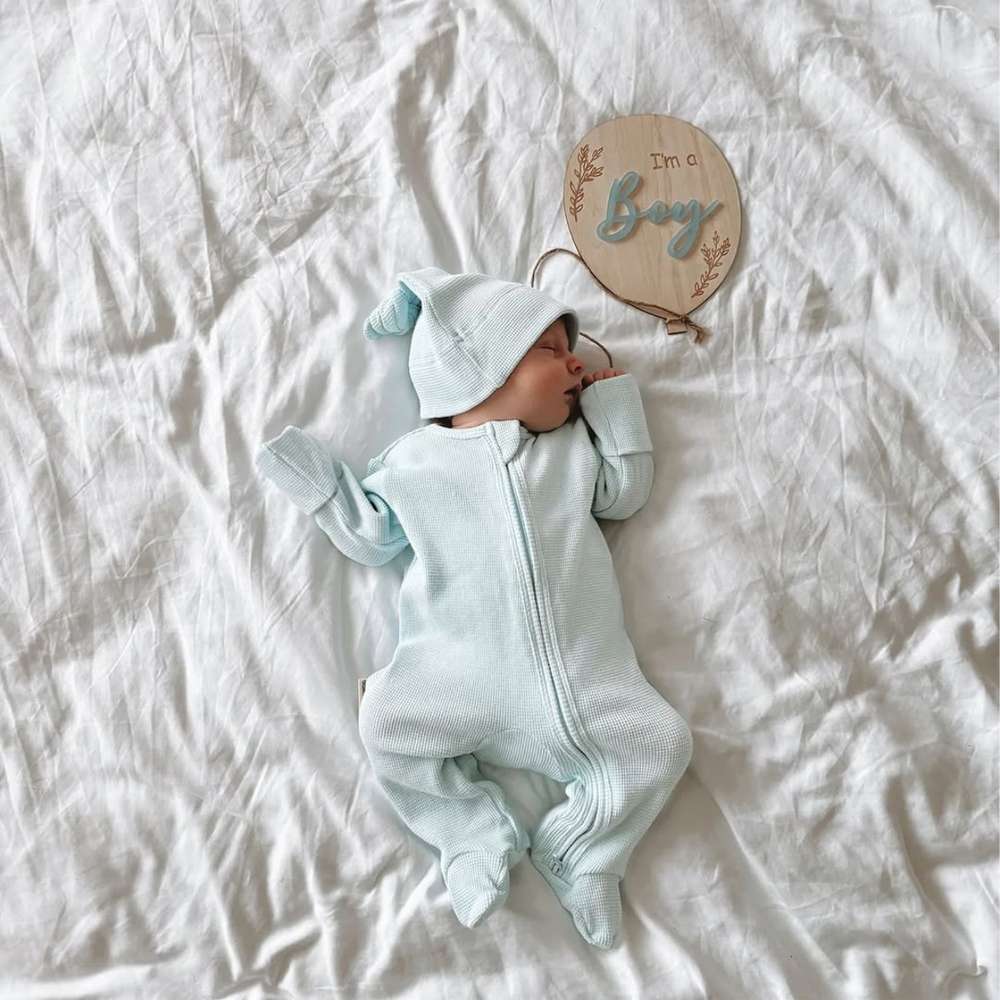 長袖ロンパース Milky Green Set (Jumpsuit + Hat) / 66cm 長袖足つきロンパース | ワッフルリブ | 斜めジップくま耳帽セット【mh0011499】